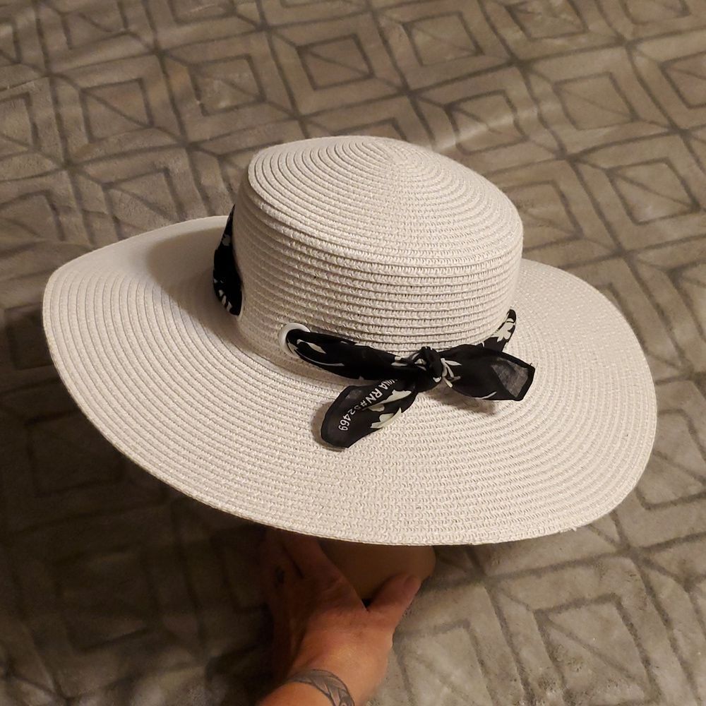 White and Black Floral Women's Sun Hat Bandana Wrap Flat Top Straw Hat - Picture 7 of 10